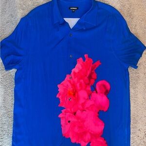 Express Men's Vibrant Blue Shirt with Bold Pink Floral